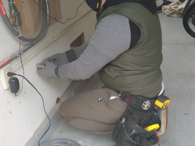 Electrician performing outlet wiring in a Verdigris garage